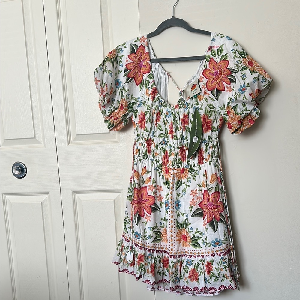 FARM Rio White Floral Puff-Sleeve Mini Dress with Pink & Green Accents - Picture 2 of 8